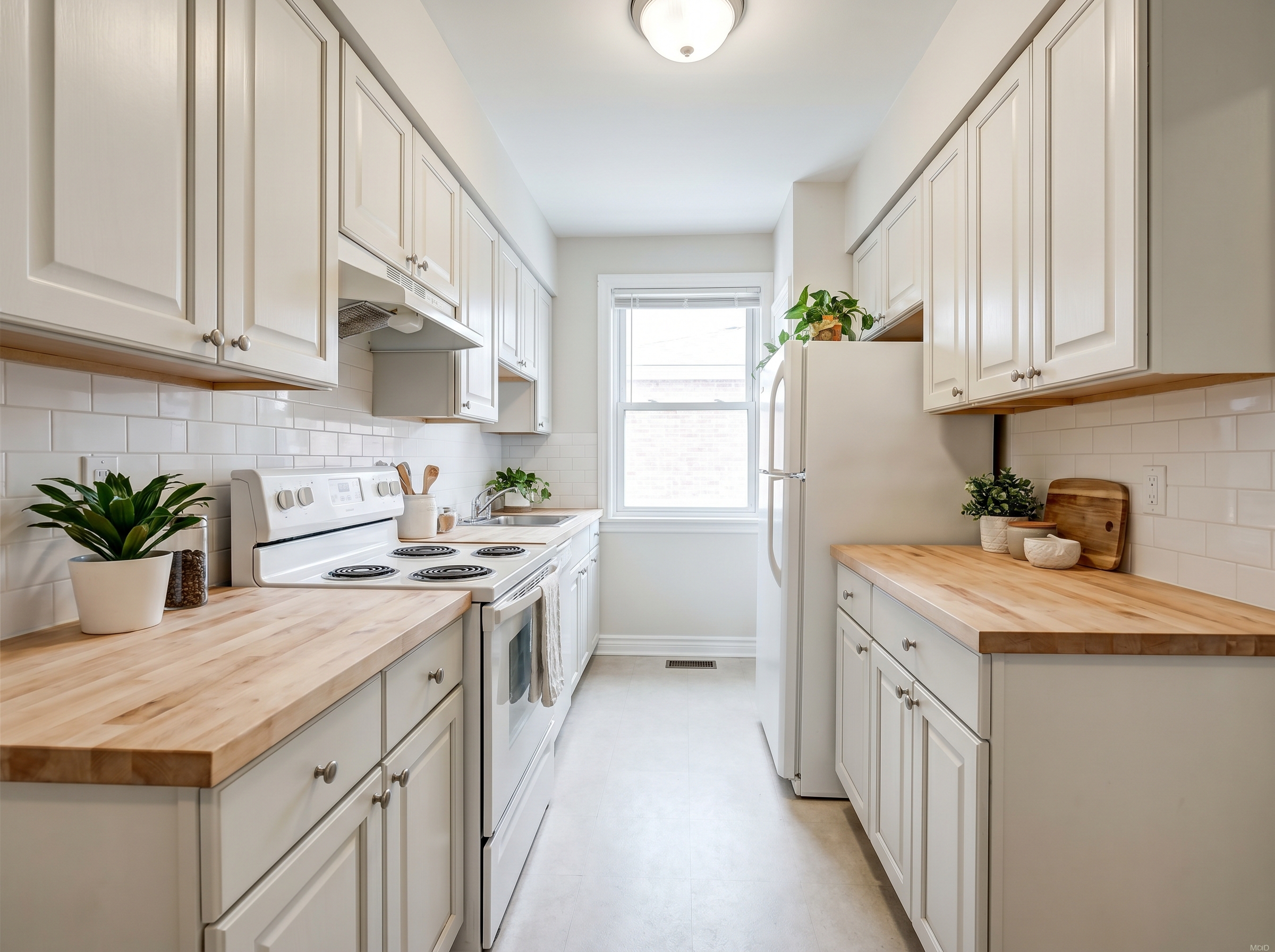 Refinished warm-white kitchen cabinets