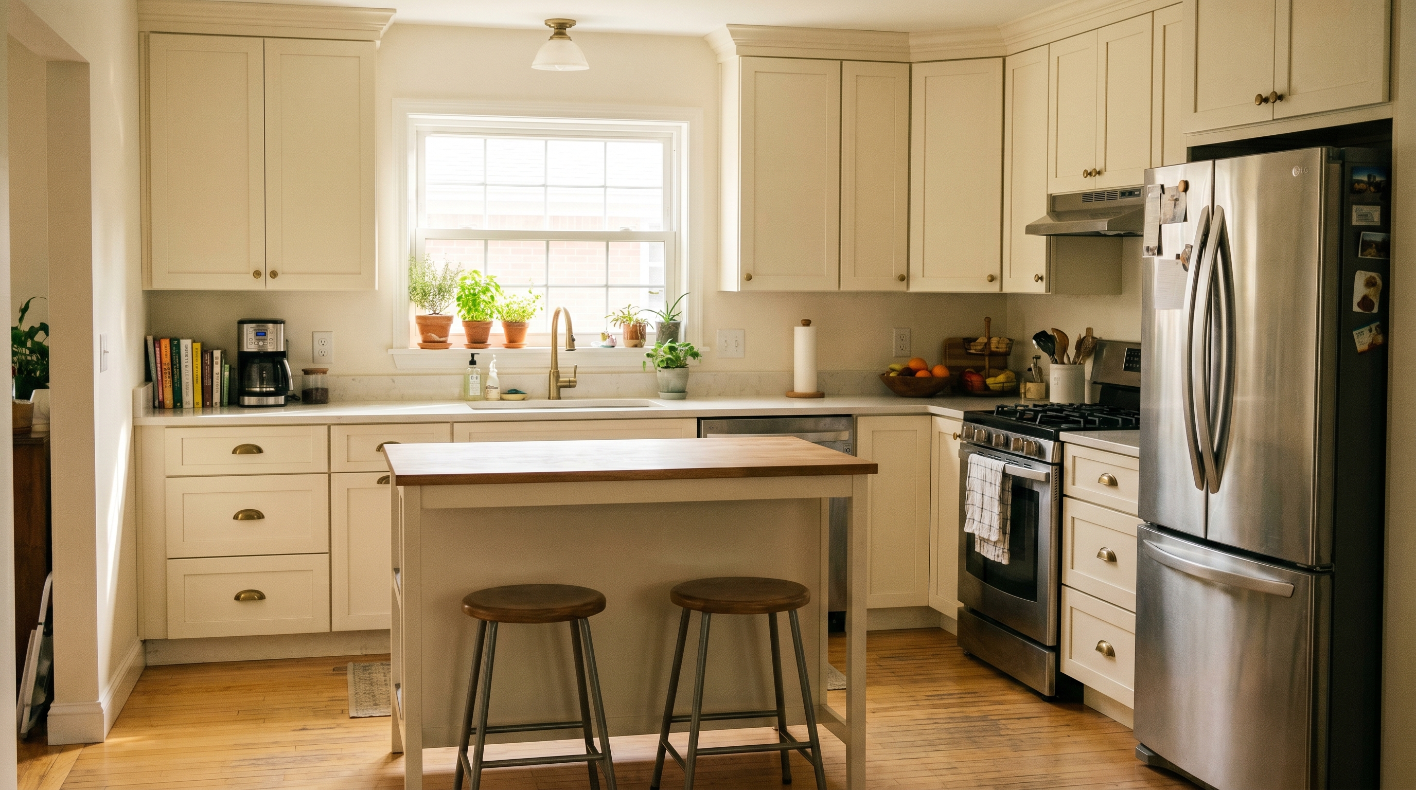 Refinished warm-white wine-country kitchen with natural-wood island and marble