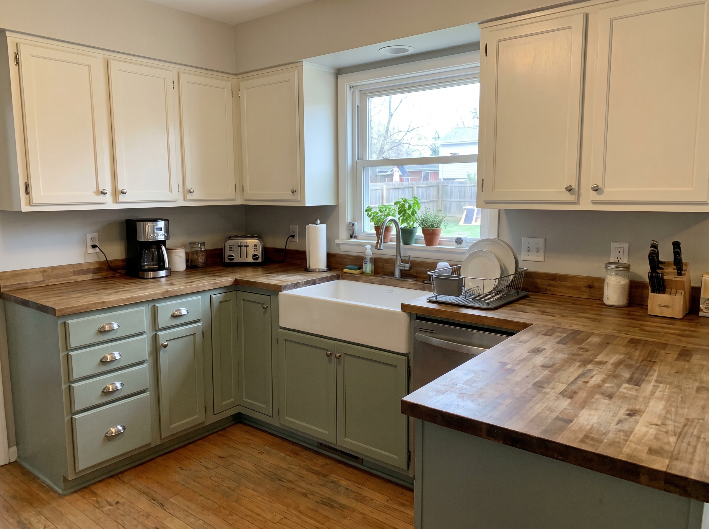 Sage-green refinished kitchen cabinets